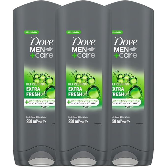 دوف من+كير منظف منعش من دوف Men+Care منعش، طازج جدا، 3 في 1، للجسم والوجه والشعر، مع تقنية 24H مغذية للرطوبة الدقيقة، 250 مل × 3 - Image 1